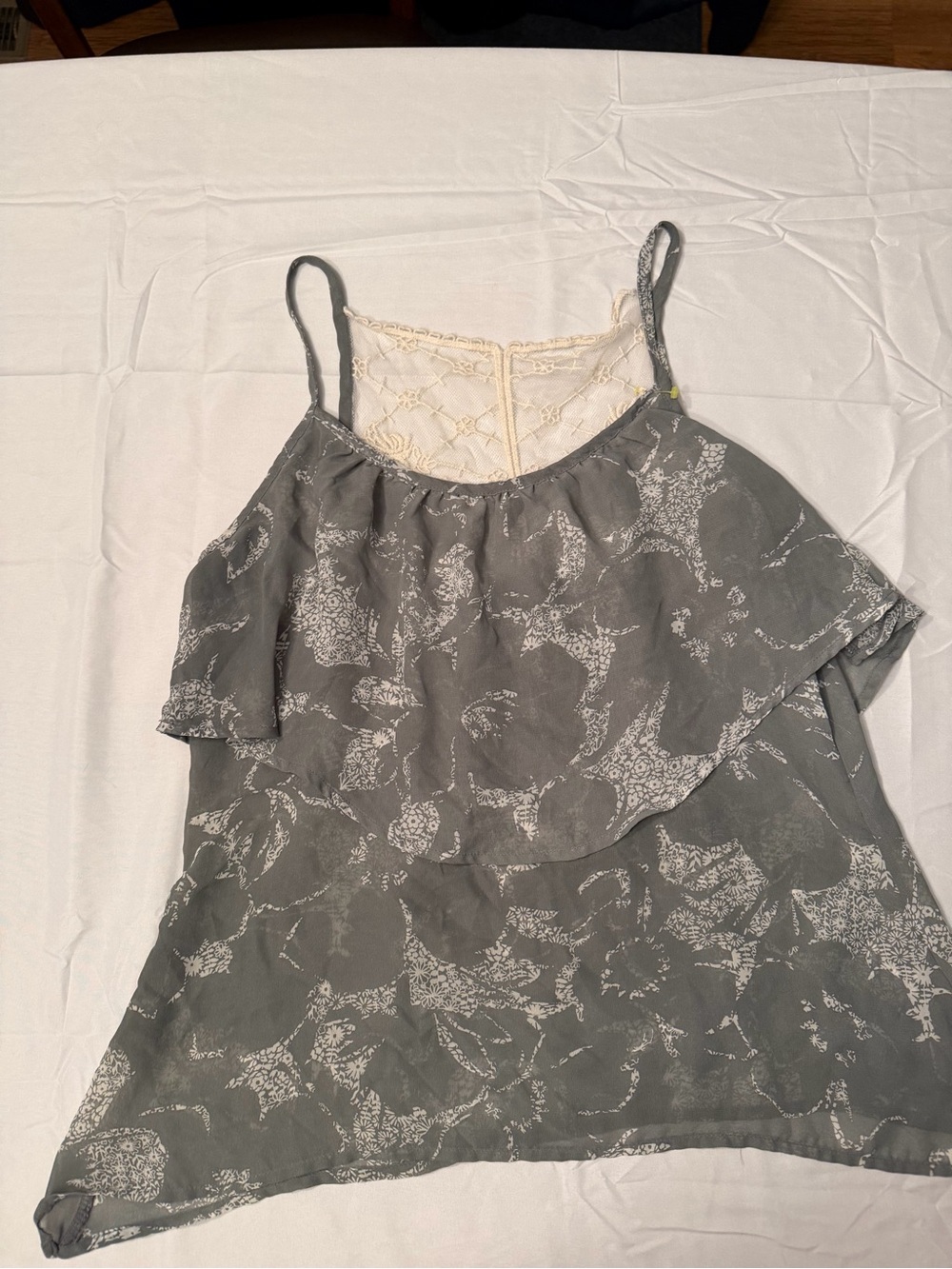 Gray Floral Lace-Back Spaghetti Strap Women's Top